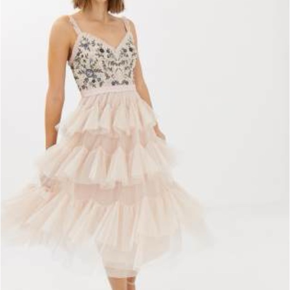 Needle & Thread Embroidered Tiered Tulle Midi Dress color Rose Quartz Sz 10